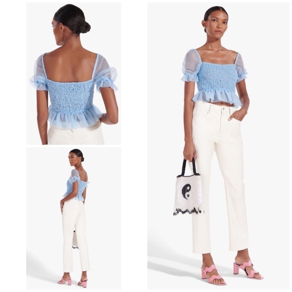 STAUD Blue Sheer Puff Sleeve Blouse
